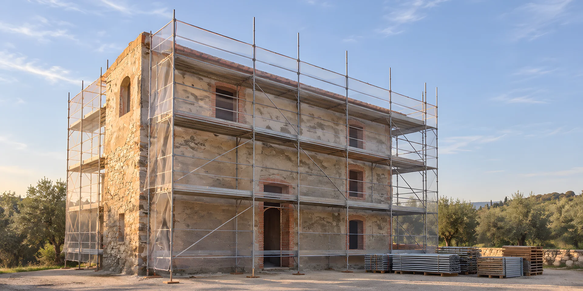Edificio in pietra con il ponteggio sulla facciata