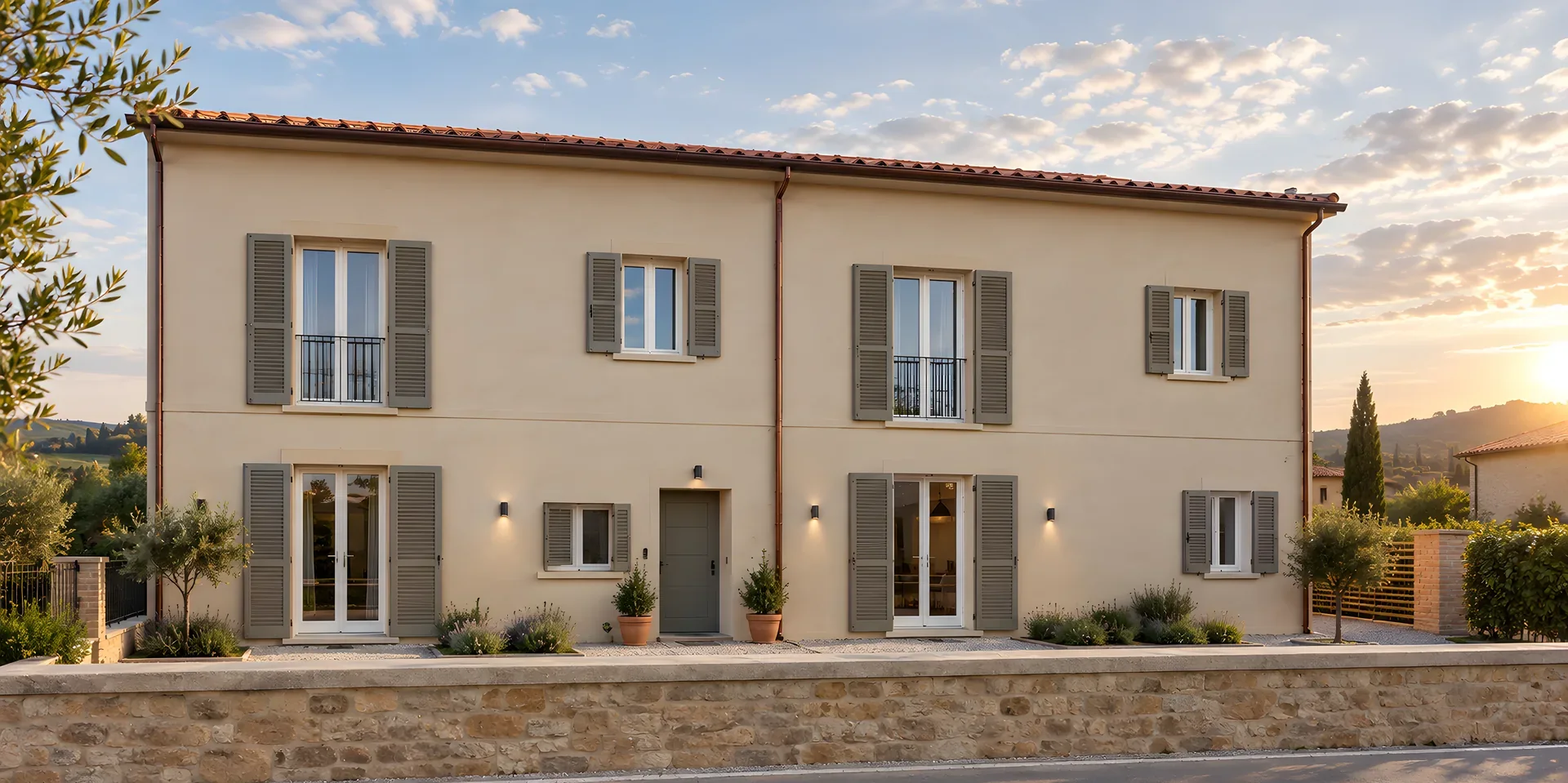 Casa a due piani con persiane e zoccolo in pietra