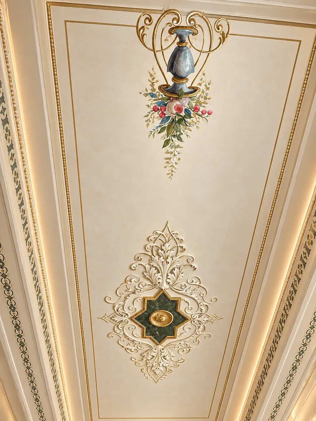 Soffitto decorato con cornici e dorature